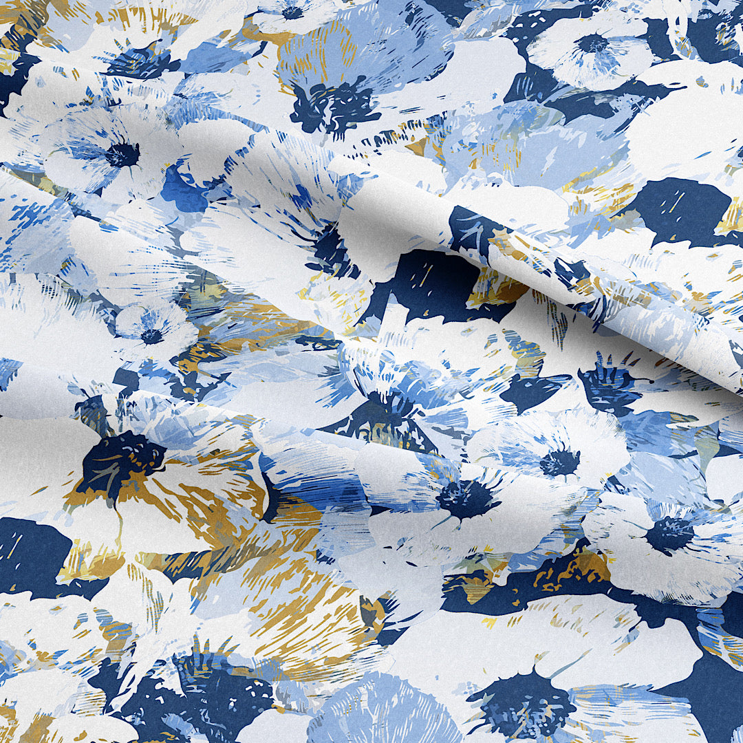 Blue & White Poppies - Cotton Tana Lawn